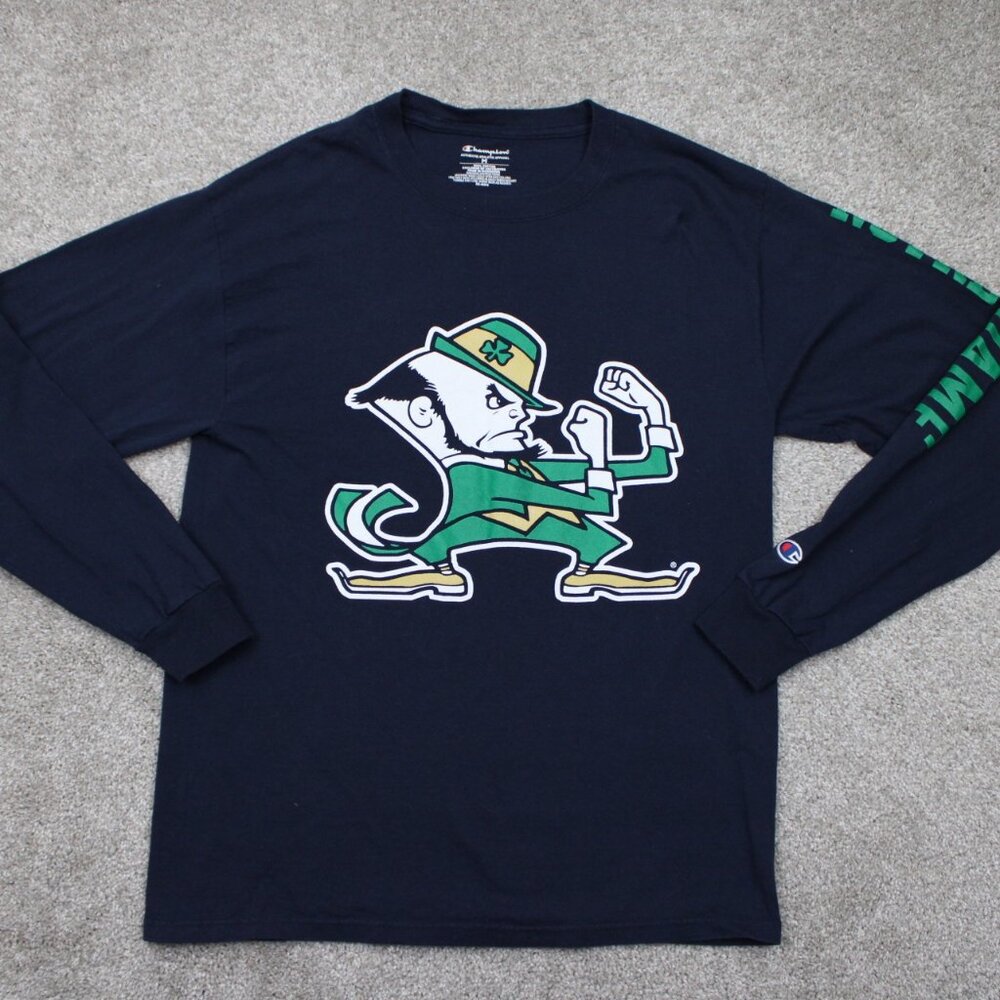 Notre Dame Champion Shirt Mens Medium Blue Spell Out Cotton Long Sleeve Pullover